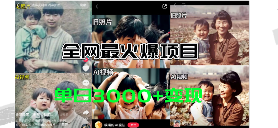 全网爆火的AI让老照片动起来教程，蹭热点日赚3000+，内含免费工具一键生成-唐人网创