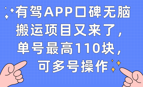 有驾APP口碑无脑搬运项目又来了，单号最高110块，可多号操作-唐人网创
