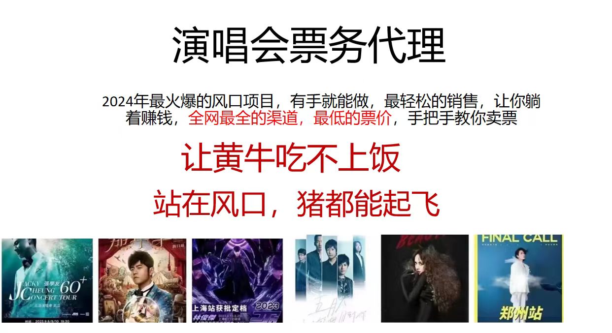 演唱会票务代理，2024年最火爆风口项目，全网最低的票价，小白一分钟上手日入2000+-唐人网创